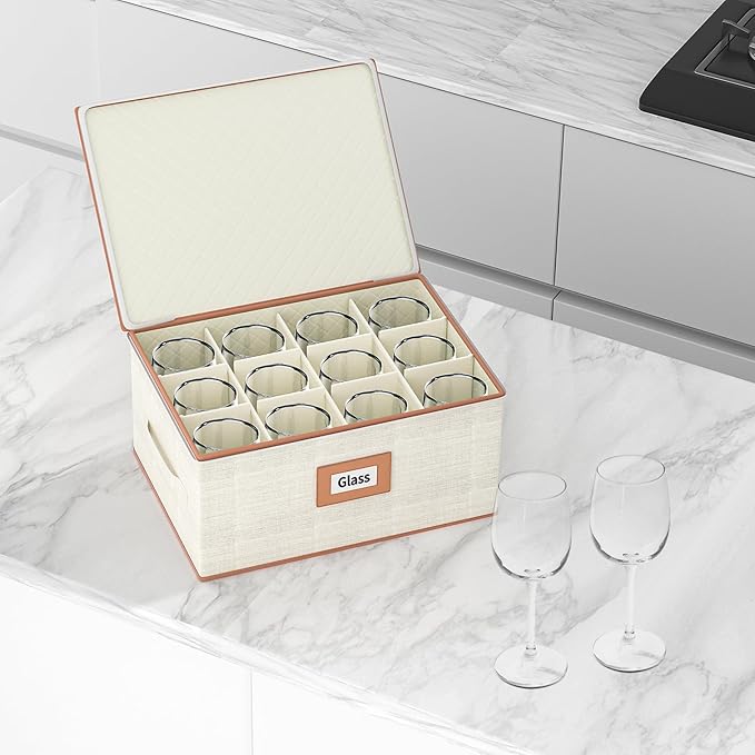 Aokeyee 2-Pack Wine Glass Storage Box with Dividers, Hard Shell Stemware Case Holds 24 Crystal Glasses & Drinkware, for Moving & Protection, Ivory