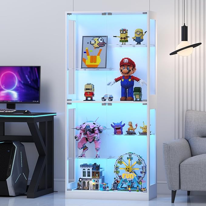 69-Inch Glass Display Cabinet - Adjustable Shelves Display Case, Curio Cabinet with RGB Lighting, for Game Room, Living Room, Bedroom, White