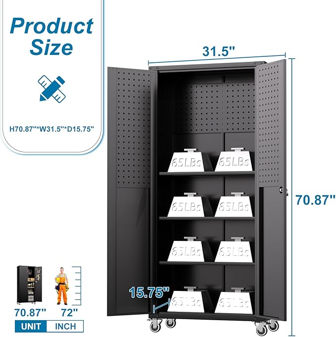 Tall Metal Storage Cabinet with Wheels Black Heavy Duty Large Metal Garage Cabinets with Adjustale Shelves Lockable Rolling Tool Cart for Warehouse Basement Kitchen, Assembly Required
