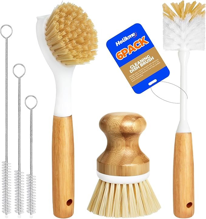 Holikme 6 Pack Dish Brush with Bottle Brush Scrub Brush Straw, Palm Scrub Brush by Holikme