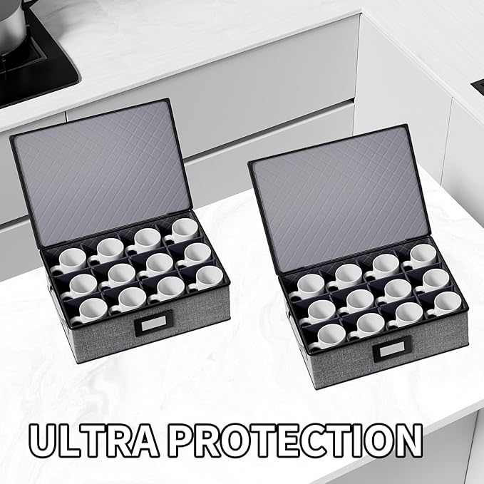 Aokeyee 2-Pack Mug & Cup Storage Box, Hard Shell Storage Container - Holds 24 Coffee Mugs, Teacups & Glasses, Stackable with Lid, Handles, Zippers & Label Slot, for Moving & Protection, Grey