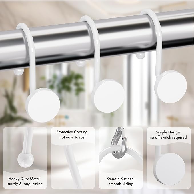 AmazerBath Shower Curtain Hooks White Shower Curtain Rings, Heavy Duty Metal - Image 4
