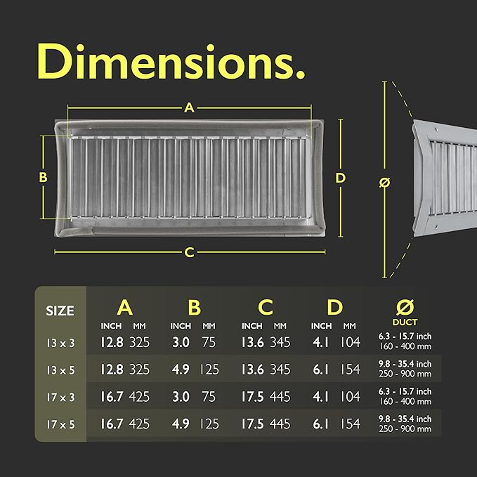 13" x 3" Grille for Round Spiral Duct - Galvanized Steel Register Vent Cover for HVAC Ducting System - 1 Way Adjustable Louver Blades - Air Duct Ventilation Grill Conditioner/Air Exhaust