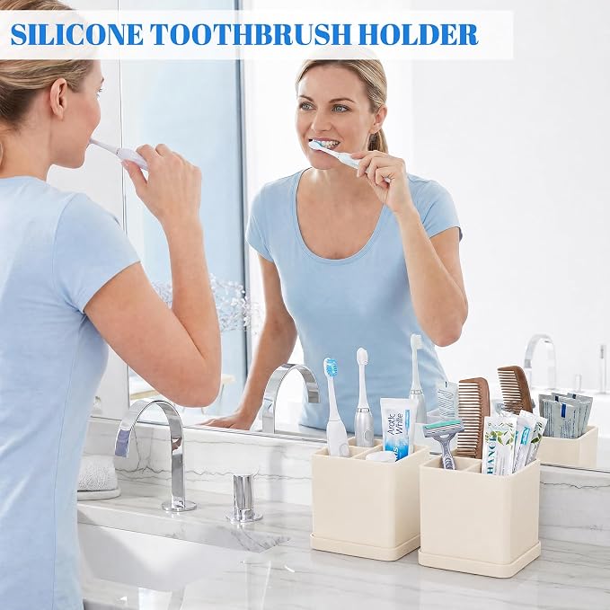 Silicone Toothbrush Holders for Bathrooms Beige, 3-Slot Electric Toothbrush - Image 2