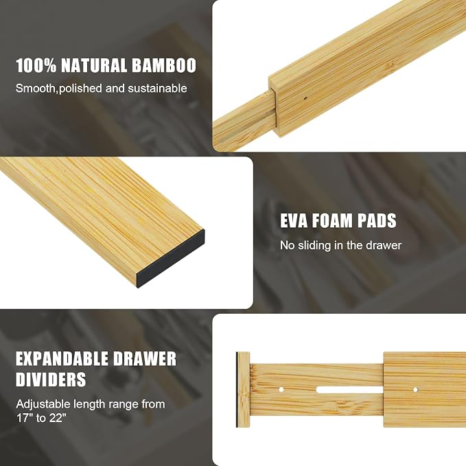 Bamboo Drawer Dividers, Adjustable Drawer Organizers, Fits 17.6–21" Drawers | - Image 7