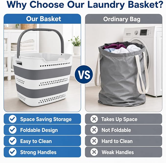 2 Pack Collapsible Plastic Laundry Basket - 42L Foldable Pop Up Clothes Hamper - Image 3