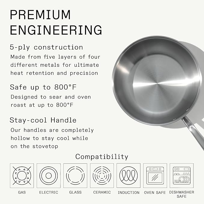 Made In Cookware - 3 Quart Stainless Steel Saucier Pan - 5 Ply Stainless Clad - Professional Cookware - Crafted in Italy - Induction Compatible