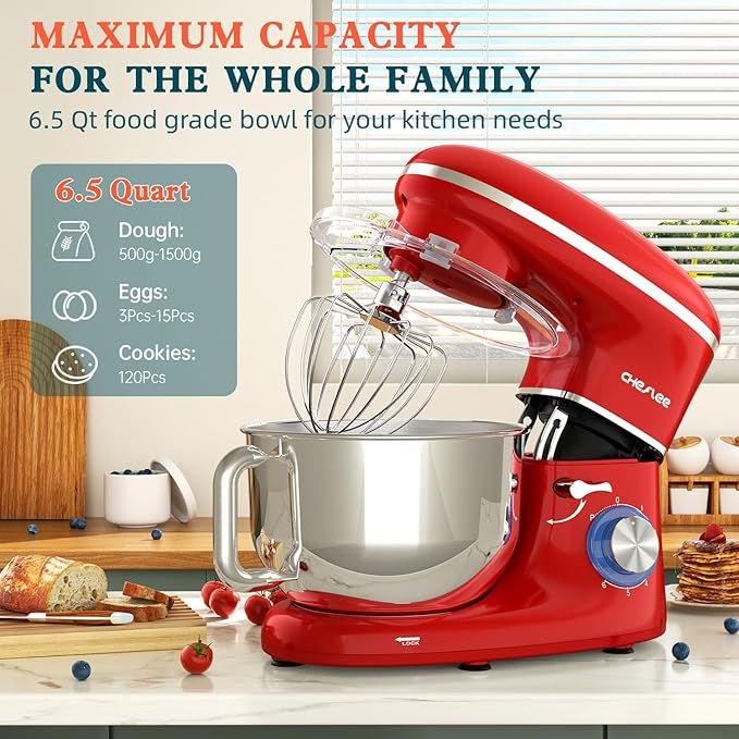 CHeflee Stand Mixer,660W 6+P With 6.5QT Stainless Steel Bowl,Dough Hook, Wire Whip & Beater,for Most Home Cooks (Blue)