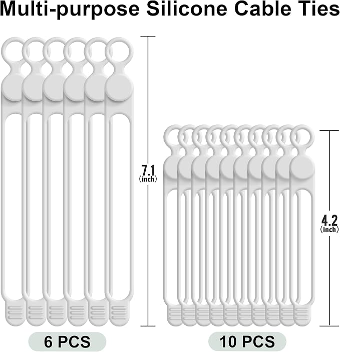 Silicone Cable Ties, Cord Organizer Cable Management, 2Sizes-White | Reusable - Image 6