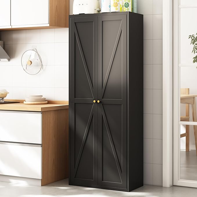 Food Pantry Cabinet, 71" Kitchen Pantry Storage Cabinets with Doors and Adjustable Shelves, Metal Hutch Cabinet with Storage for Kitchen, Living Room, Dining Room, Black