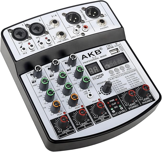 Dj Mixers 4 Channel Audio Mixer Sound Board with Bluetooth, Usb Audio Interface with 48V Phantom Power Sounds Mixer Board with 99 DSP FX Reverb Delay Effect