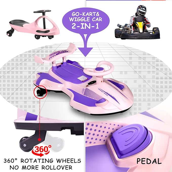 12V Electric Wiggle Car Ride On Toy, Swing Car with Pedal, for Kids 37-95 Months, Anti-Rollover, Flashing Wheels, Bluetooth, Tailpipes Jet Birthday Gifts for Boys and Girls(Pink+Violet)