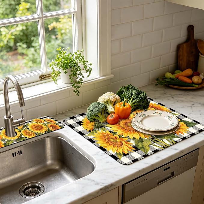 3 Pcs 2 Size Kitchen Sink Splash Guard Faucet Mat Plaid Sunflowers Pattern - Image 5