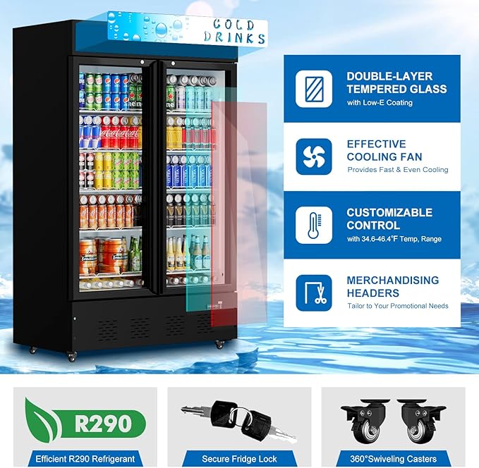40 Cu.ft. Commercial Beverage Refrigerators Glass Door Refrigerator Upright Display Cooler with Soft LED Light and Adjustable Shelves for Restaurant Grocery Stores Home