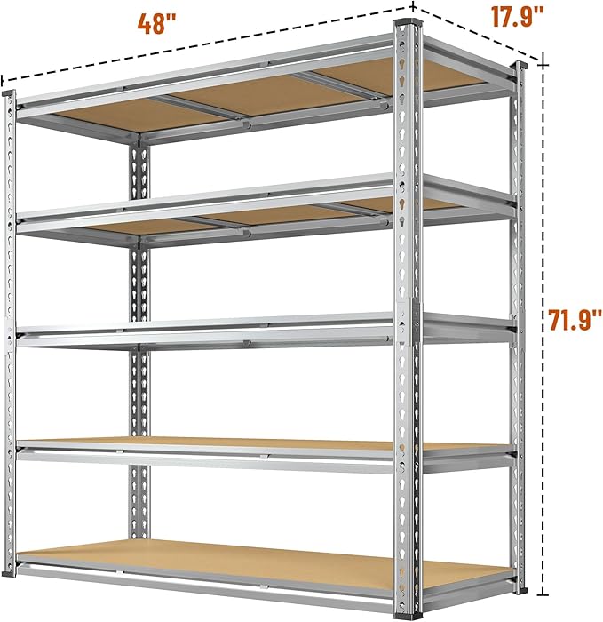 Garage Shelving Load 3050LBS, 5-Tier Storage Shelves, Adjustable Garage Shelves, Shelving Units and Storage, Metal Shelf for Kitchen, Pantry, Warehouse, 48" W x 71.9" H x 17.9" D, Galvanized