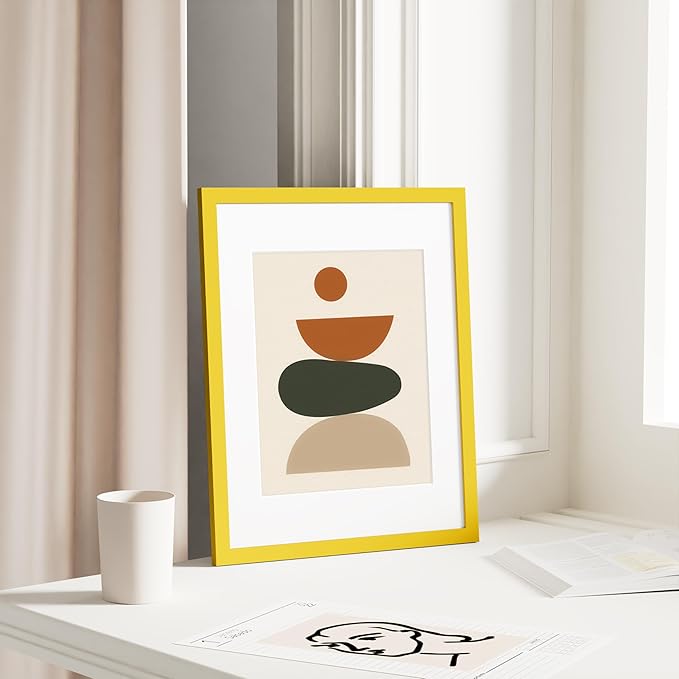Vittanly 11x14 Picture Frame, Solid Wood Frame with Plexiglass, Includes 8x10 Mat, Wall Hanging for Photos, Home Decor, Yellow, 1 Pack
