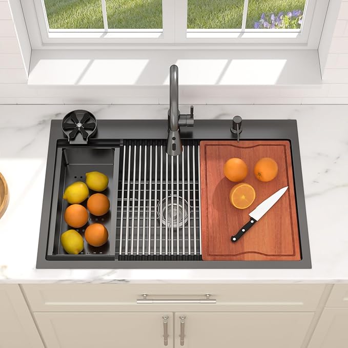 Dcolora 36 In. Black Kitchen Sink with Cup Washer, Large Single Bowl Drop In Installation, Heavy Duty 16 Gauge 304 Stainless Steel, Workstation with Valued Accessories, 36"x22"x10" #DC-T2533003BWS