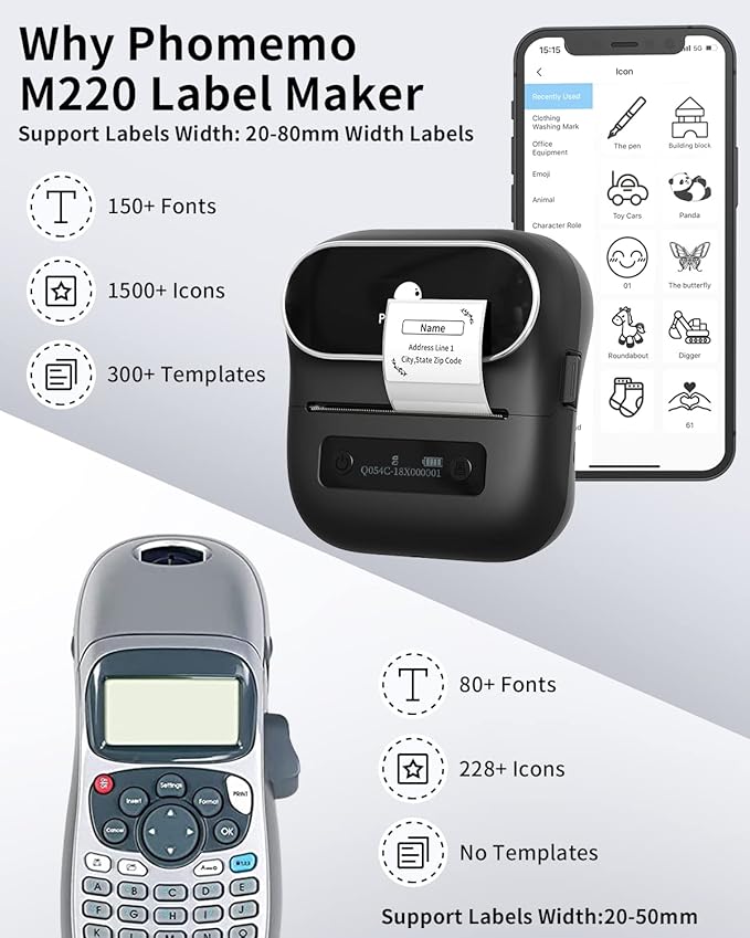 Phomemo Label Maker,M220 Label Printer,3 Inch Bluetooth Thermal Label Maker Machine with 6000+ Icons,700+ Templates,400+ Fonts,for Kids School Items,Small Business,Large Sticker