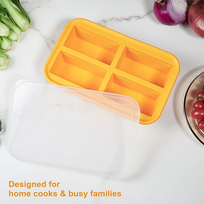 Bangp 1-Cup Silicone Freezing Trays with Lid,2 Pack,Easy-Release Silicone Freezer Molds for Soup Ice Cubes,Soup Freezer Molds,Freeze & Store Broth,Sauce,Leftovers - Makes 8 Perfect 1 Cup Portions