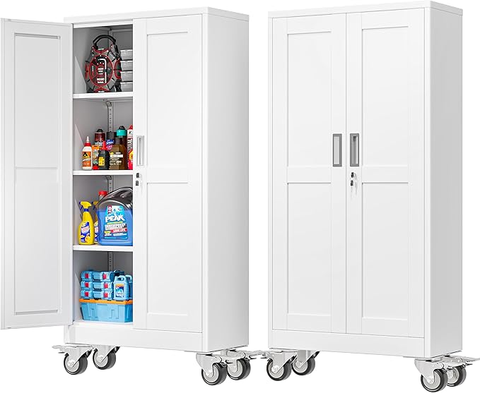 61''H Metal Garage Storage Cabinet with Wheels,Steel File Cabinets with 2 Doors and 3 Adjustable Shelves for Home Office, Warehouse, Required Assembly,White