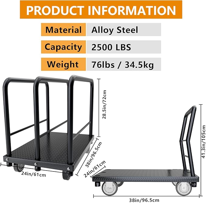 2in1 Panel Cart, Drywall Cart Platform Trucks 2500 lbs Capacity Lumber Cart Flatbed Cart 38" x 24" Heavy Duty Push Cart with 1Front and 3 Side Handrails& Swivel Casters