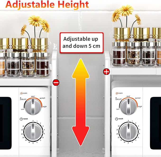 Extendable Microwave Oven Rack - Adjustable Kitchen counter shelf, 2 Tier Microwave Stand (L15.7~23.6" xW12.8 xH17.7) with 6 Hooks for Kitchen Countertop Organizer (White)