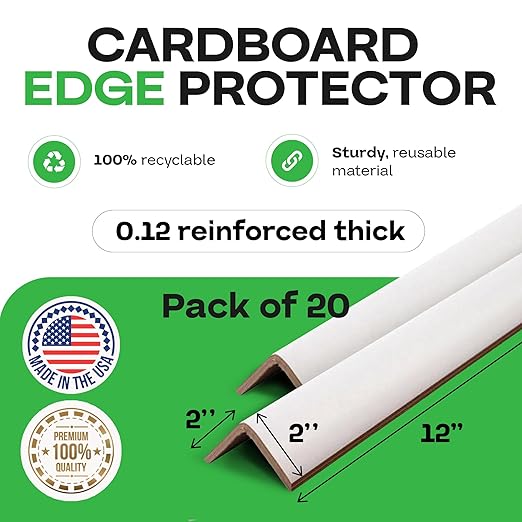 IDL Packaging 2” x 2” x 12” Cardboard Edge Protector (Pack of 20) - Corner Protectors for Shipping, Storage, & Moving – Reinforced Corner Guard Protection for Pallets, Wall Corners, & Furniture
