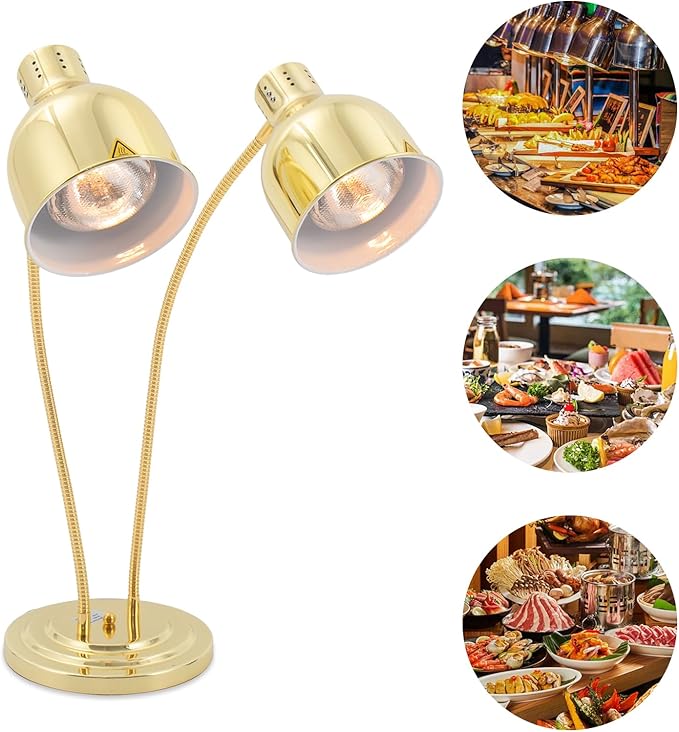 2-Head Food Heat Lamp Warmer Gold, 500W Double Bulbs Buffet Display Heating Preservation Light for Buffet, Electric Portable Heating Lamp with 360°Adjustable Head Independent Switch(Gold, Style2)