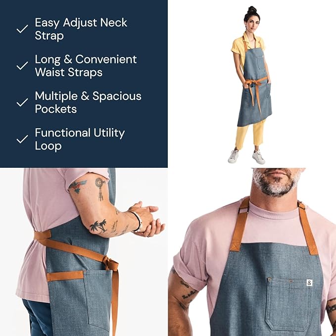 hedley & bennett Essential Apron - Heavy-Duty Denim Kitchen Apron with Pockets & Towel Loop - Professional Chef Workwear for Cooking & Grilling - Cedar