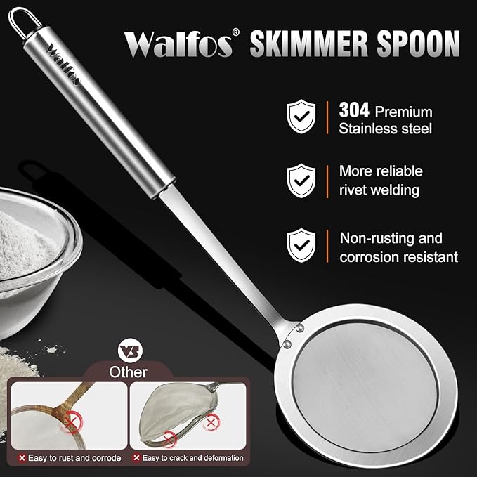 Walfos Fat Skimmer Spoon, 304 Stainless Steel Fat skimmer For Cooking, Fine Mesh Strainer, Food Strainer Fit For Separation Of The Floating Foam, Fat, Grease - Set of 2 Sise