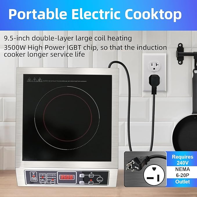 Induction Cooker,3500W High Power Commercial Induction Cooker, 9.5-Inch Enlarged Double-Layer Heating Plate, 8-Speed Power Adjustment, Brushed Stainless Steel Process, Waterproof, Leak-Proof