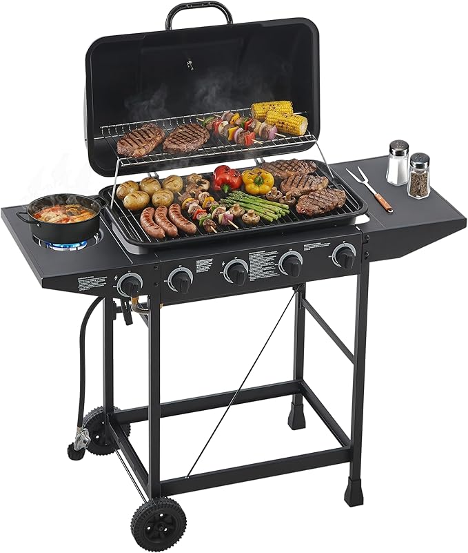 4 Burner Propane Gas Grill, 42,000 BTU Gas Grill with Side Burner, BBQ Grill with Cast Iron Grates, Stainless Steel Frame, 534 Sq In Cooking Area, Outside Grill for Patio Backyard, Patio