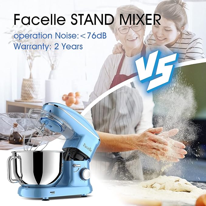 Facelle Stand Mixer, Electric Kitchen Mixer, 660W 6 Speed Tilt-Head stand mixer with Pulse, Attachments include 6.5QT Bowl, Dishwasher Safe Beater,Dough Hook,Whisk for Dough,Baking,Cakes,Cookie-Blue