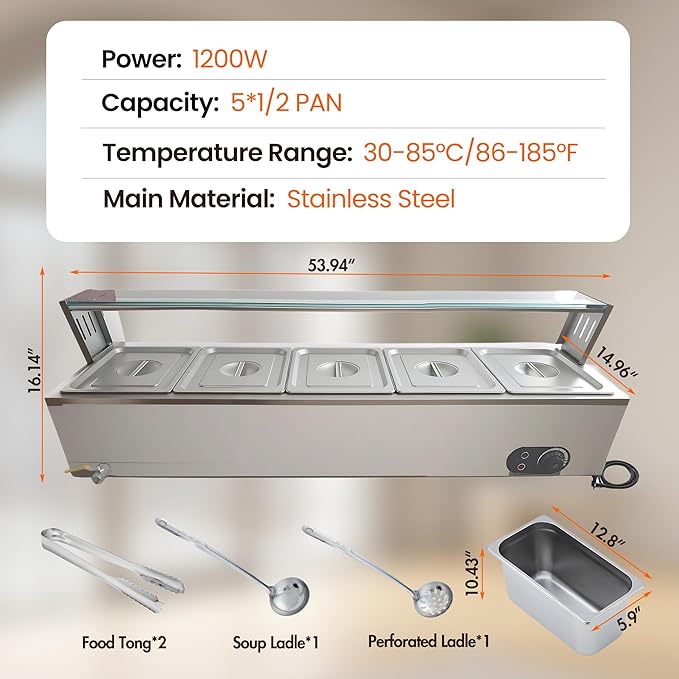 5-Pan Commercial Electric Food Warmer 60QT Stainless Steel Buffet Bain Marie with Tempered Glass Shield for Catering and Restaurants