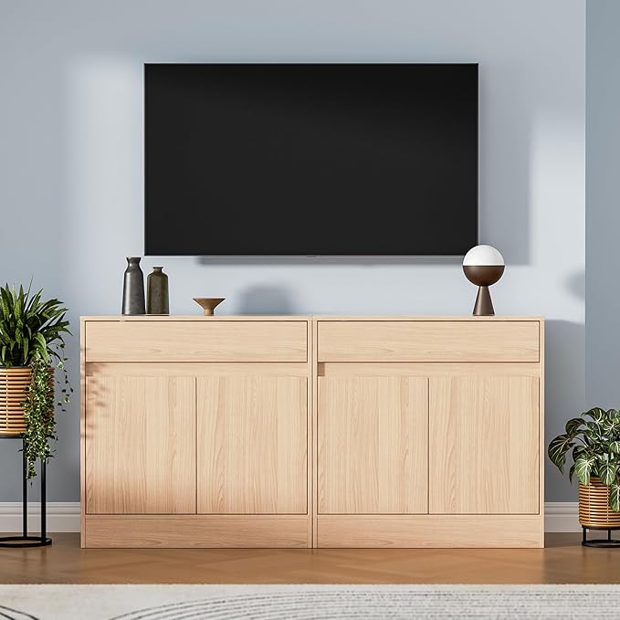 Buffet Cabinet with 2 Doors and Drawer, Coffee Bar Cabinet with Adjustable Shelf, Modern Kitchen Buffet Sideboard for Living Room, Kitchen, Oak