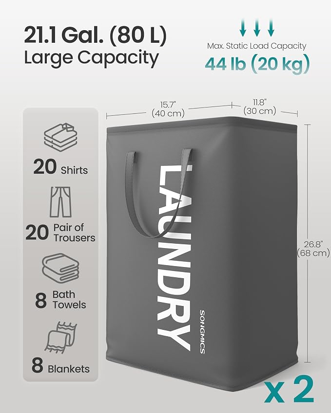 SONGMICS Laundry Hamper, 80L Foldable Basket, 2 Pack, Water-Repellent - Image 3