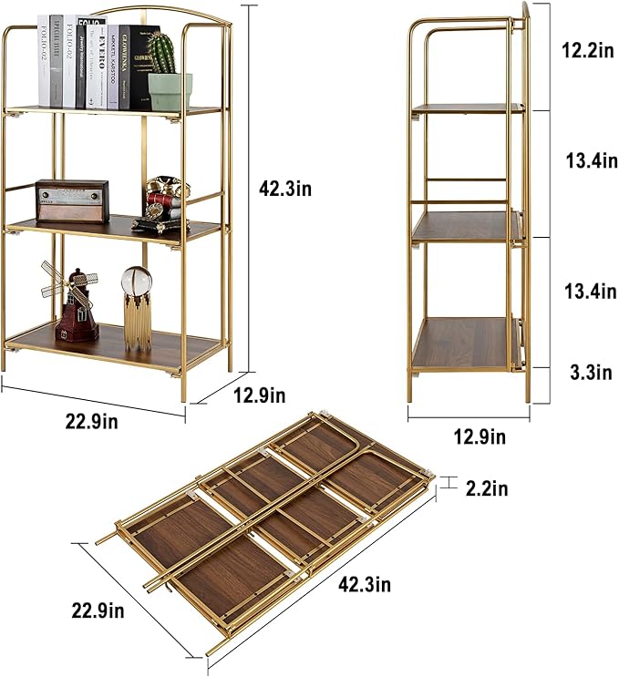 Crofy No Assembly Folding Bookshelf for Living Room, 3 Tier Gold Collapsible Book Shelf for Home Office, Portable Bookcase Storage Organizer