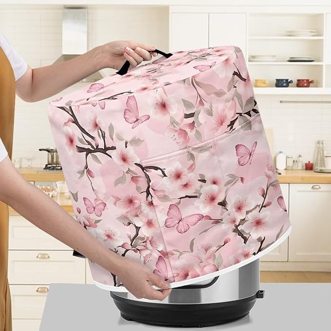 Pink Flower Dust Cover with Pocket for Instant Pot, Rice Cooker and Air Fryer, Round Pressure Cover Dust-Proof Stain Resistant Electric Appliance Cover Easy to Clean
