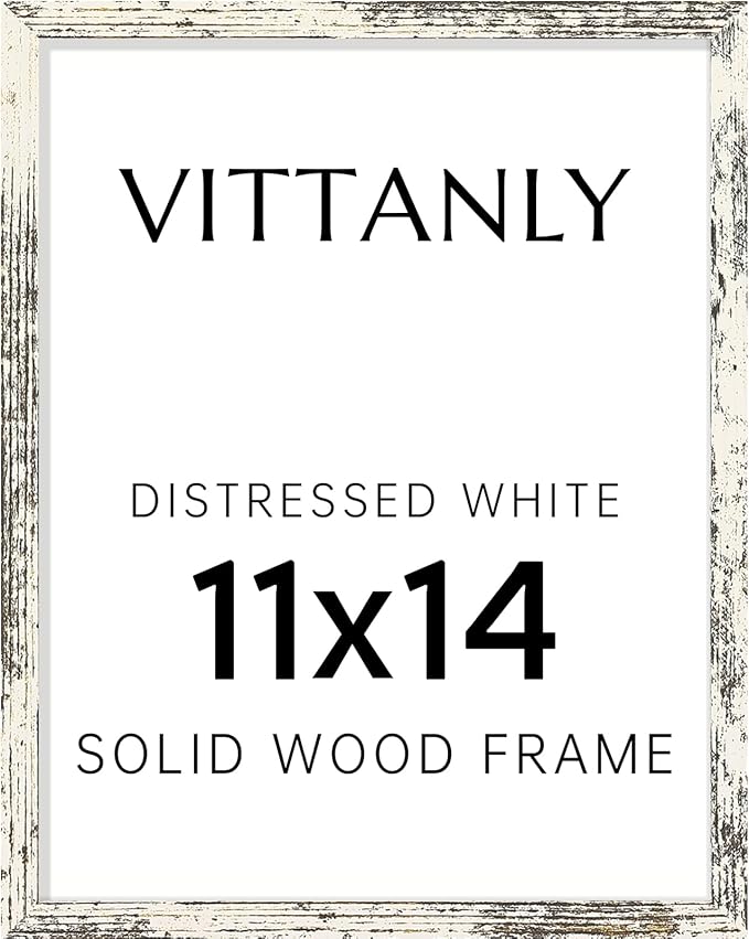 Vittanly 11x14 Picture Frame, Solid Wood Frame with Plexiglass, Includes 8x10 Mat, Wall Hanging for Photos, Home Decor, Distressed White, 1 Pack