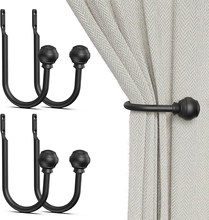 Hion Curtain Holdbacks Black 4pcs, Curtain Tiebacks Wall Mounted Hooks | by Hion