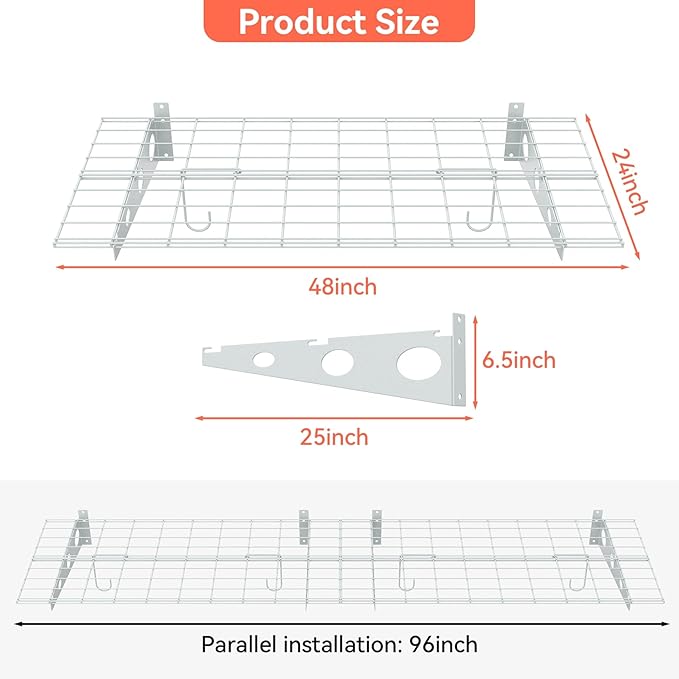 TORACK 2-Pack Garage Wall Shelves, 24" x 48"/2x4 ft Wall Mounted Wire Shelf for Garage Heavy Duty Floating Shelves(White, Pack of 2)
