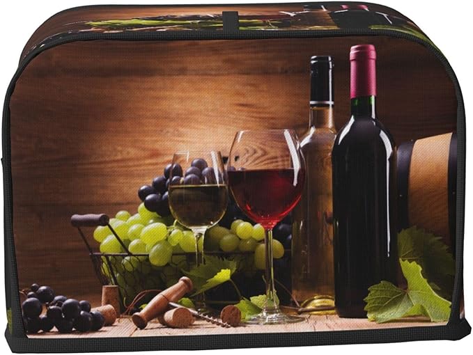 Red Wine Glasses Grape Wooden 2 Slice Toaster Cover, Waterproof Toaster Dust Cover Bread Maker Protective For Small Kitchen Appliance Dining Room Home Table Decor Gifts