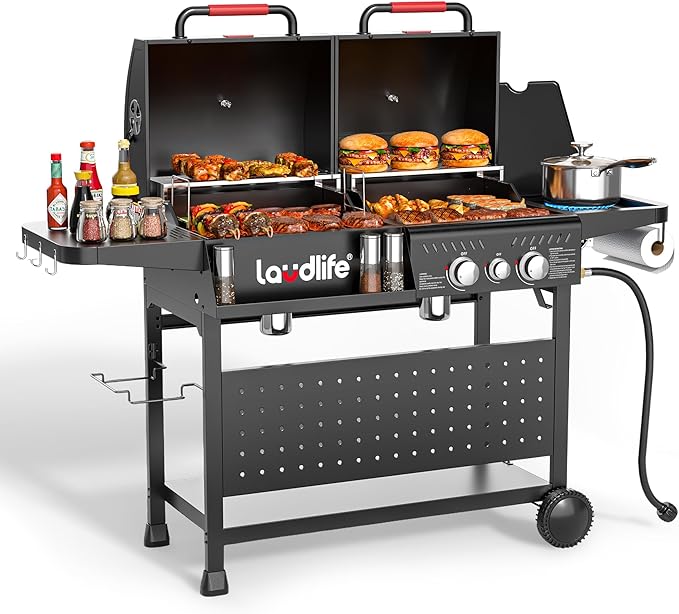 Gas and Charcoal Grill Combo with Side Burner, 3 Burners Propane BBQ Grill, 748 SQ.IN Cooking Space, Non-Stick Enamel Coating Grates, Heavy-Duty Stand for Backyard & Outdoor Barbecue