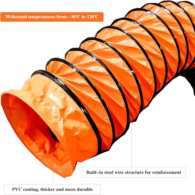 16"×16.4FT PVC Flexible Duct Hose, Flame Retardant HVAC Ducting with Adjustable Rope, D Hook & Steel Support for Ventilation, Exhaust, Drying, and Cooling Applications