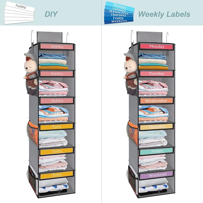 Fixwal Weekly Kids Clothes Organizer 6-Shelf Hanging Closet Storage Grey | - Image 7