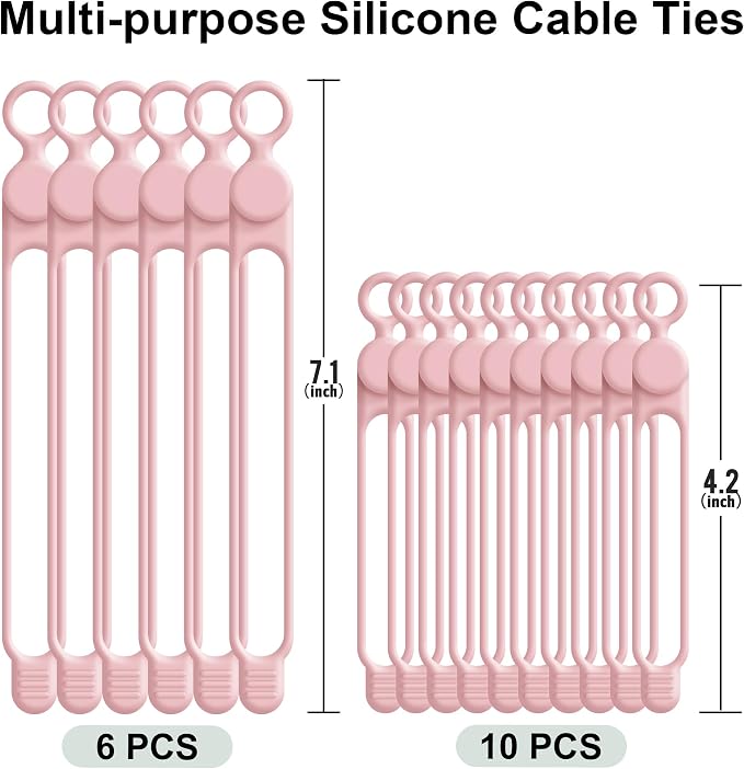 Silicone Cable Ties, Cord Organizer Cable Management, 2Sizes-Pink | Reusable - Image 6