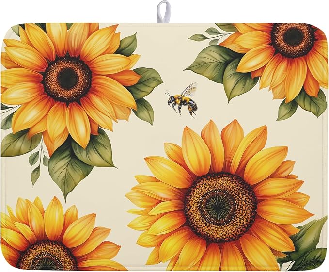 Sunflower Dish Drying Mat 18x24 Inch Absorbent Reversible Summer Drying Mat by Kawani