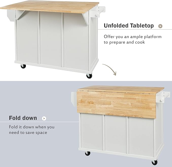 Merax Rolling Mobile Kitchen Island Cart Breakfast Bar with Wood Top, Door Internal Storage Racks, 3 Drawers and 5 Wheels for Dining Room