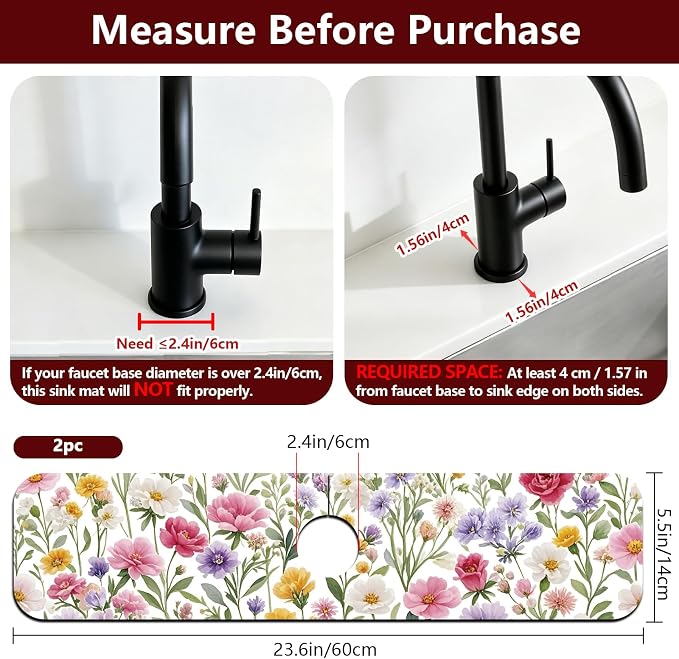 2 Pcs Kitchen Sink Splash Guard Faucet Mat Colorful Watercolor Flowers and - Image 2