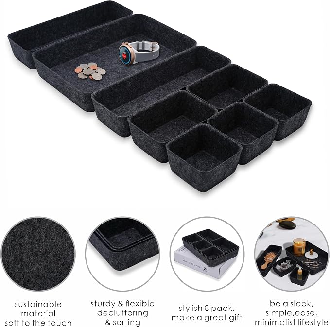 Minimalist Felt Desk Drawer Organizer 8-Piece Charcoal Storage Bins - Image 6